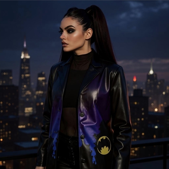 DC ✦ Batman Trench Coat ✦ Gotham City Print Vegan Leather Graphic Back Size L - Picture 7 of 9